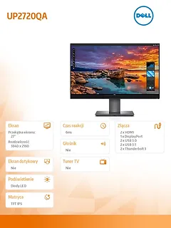 Dell Monitor UP2720QA 27 cali IPS UHD/HDMI/DP/Thunderbolt 3/3Y PPG