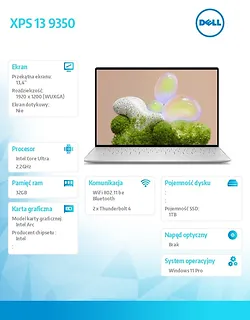 Dell Notebook XPS 13 9350 Win11Pro Ultra 7 256V/32GB/1TB/13.4 FHD+ AntiGlare/Arc/FgrPr/FHD/IR Cam/Mic/WLAN + BT/Backlit Kb/3 Cell/3Y ProSupport