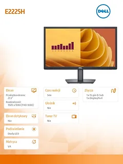 Dell Monitor E2225H 21.5 cala LED VA 1920x1080/DP/VGA/3Y