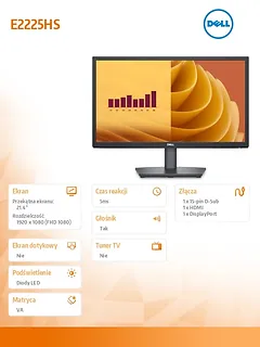 Dell Monitor E2225HS 21.4 cala LED VA FHD/(1920x1080)/16:9/DP/HDMI/VGA/Głośniki/3Y