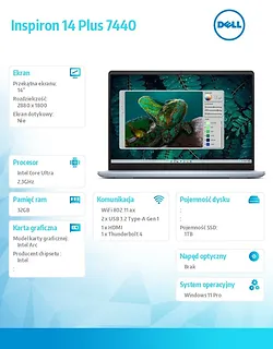 Dell Notebook Inspiron 14 Plus 7440 Win11Pro Ultra 9 185H/32GB/1TB SSD/14 2.8K/Arc/FgrPr/Cam & Mic/WLAN + BT/Backlit Kb/4 Cell/3Y Basic