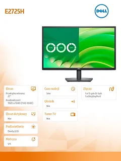 Dell Monitor E2725H 27 cali VA LED FHD/(1920x1080)/16:9/DP/VGA/3Y