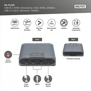 Digitus Obudowa/Stacja klonująca USB 3.1 Typ C na dyski SSD M.2 NVMe 20 Gbps aluminiowa, beznarzędziowa