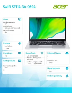 Acer Notebook Swift SF114-34-C694 Celeron N4500/14.0 FHD IPS/4GB/ 128GB SSD/Windows 11 Home