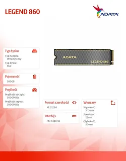 Adata Dysk SSD LEGEND 860 500G PCIe 4x4 5000/3000 MB/s M.2