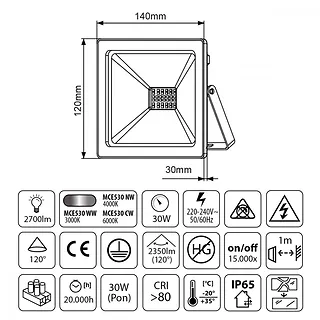 Maclean Naświetlacz Led Slim 30 W 2400lm MCE530 CW