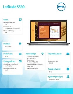 Dell Notebook Latitude 5550 Win11Pro i7-1365U/16GB/512GB SSD Gen4/15.6 FHD/Intel Iris Xe/FgrPr&SmtCd/FHD/IR Cam/Mic/LTE 4G+BT/BcklitKb/3C/vPro/3YPS