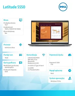 Dell Notebook Latitude 5550 Win11Pro Ultra 5 135U/16GB/1TB SSD Gen4/15.6 FHD/Integrated/FgrPr&SmtCd/FHD/IR Cam/Mic/LTE 4G+BT/Backlit Kb/3C/vPro/3YPS