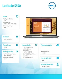 Dell Notebook Latitude 5550 Win11Pro Ultra 7 165U/32GB/512GB SSD Gen4/15.6 HD/Integrated/FgrPr&SmtCd/FHD/IR Cam/Mic/LTE 4G+BT/BcklitKb/3c/vPro/3YPS