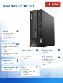 Lenovo Komputer ThinkCentre Neo 50s G4 SFF 12JH001EPB W11Pro i5-13400/8GB/512GB/INT/3YRS OS