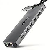 AXAGON HMC-7HX2 Wieloportovy hub 7in1 5Gbps, 2x USB-A + 1x USB-C, 2x HDMI 4K 60Hz, GLAN, PD 100W, 15cm kabel USB-C