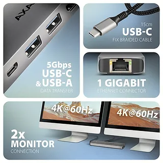 AXAGON HMC-7HX2 Wieloportovy hub 7in1 5Gbps, 2x USB-A + 1x USB-C, 2x HDMI 4K 60Hz, GLAN, PD 100W, 15cm kabel USB-C