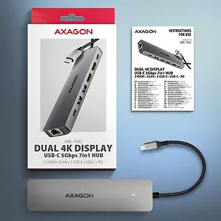 AXAGON HMC-7HX2 Wieloportovy hub 7in1 5Gbps, 2x USB-A + 1x USB-C, 2x HDMI 4K 60Hz, GLAN, PD 100W, 15cm kabel USB-C