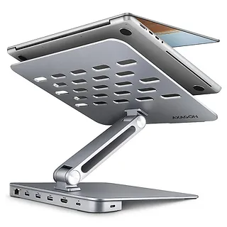 AXAGON HMC-STND Stojak z wieloportowy hub Aluminiowy 7in1, 5Gbps, do 10"-16" cali laptopów, nastawny, 3x USB-A, HDMI 4K/60Hz, GLAN, PD 100W, 60cm USB-C kabel