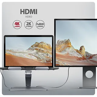 AXAGON HMC-STND Stojak z wieloportowy hub Aluminiowy 7in1, 5Gbps, do 10"-16" cali laptopów, nastawny, 3x USB-A, HDMI 4K/60Hz, GLAN, PD 100W, 60cm USB-C kabel