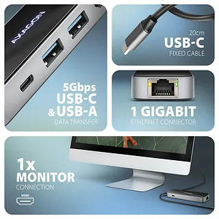 AXAGON HMC-6GLN Wieloportowy hub USB 6in1, 5Gbps, 2xUSB-A, 1x USB-C, GLAN, HDMI 4K/60Hz, PD 100W, 20cm USB-C kabel