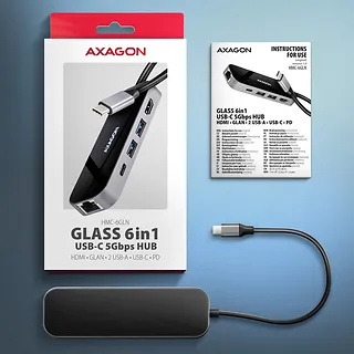 AXAGON HMC-6GLN Wieloportowy hub USB 6in1, 5Gbps, 2xUSB-A, 1x USB-C, GLAN, HDMI 4K/60Hz, PD 100W, 20cm USB-C kabel