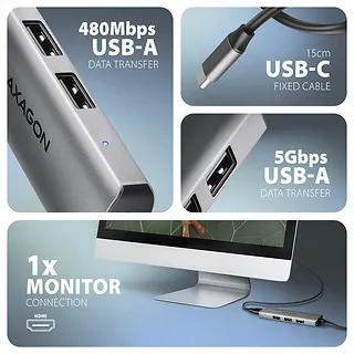 AXAGON HMC-H3A Wieloportowy hub USB 4in1, 5Gbps, 3x USB-A (2x USB2.0, 1x USB3.0) + HDMI 4K/30Hz, metal, 15cm USB-C kabel