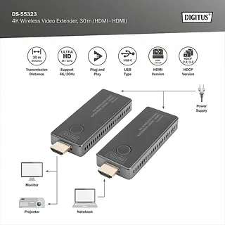 Digitus Przedłużacz/Extender HDMI bezprzewodowy 30m UHD 4K30Hz audio (zestaw)