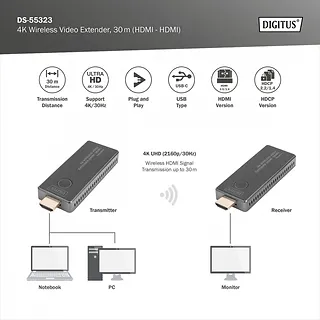 Digitus Przedłużacz/Extender HDMI bezprzewodowy 30m UHD 4K30Hz audio (zestaw)