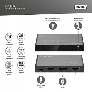 Digitus Rozdzielacz/Splitter HDMI 1x2, 4K/60Hz UHD z HDR, 18 Gbps, HDCP 2.2, EDID