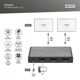 Digitus Rozdzielacz/Splitter HDMI 1x2, 4K/60Hz UHD z HDR, 18 Gbps, HDCP 2.2, EDID