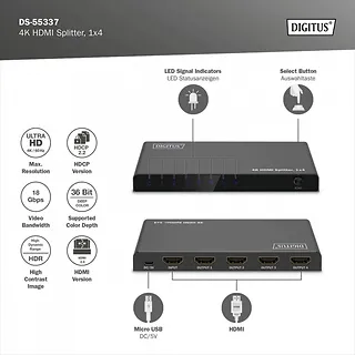 Digitus Rozdzielacz/Splitter HDMI 1x4, 4K/60Hz UHD z HDR, 18 Gbps, HDCP 2.2, EDID