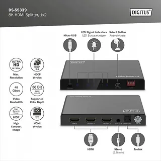 Digitus Rozdzielacz/Splitter HDMI 1x2, 8K/60Hz (4:4:4) z HDR, 48 Gbps, HDCP 2.3. Toslink / Stereo , EDID