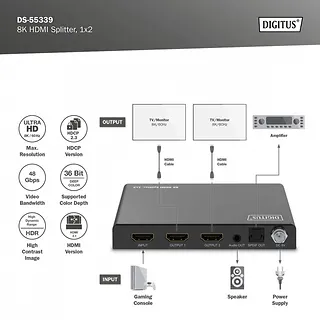 Digitus Rozdzielacz/Splitter HDMI 1x2, 8K/60Hz (4:4:4) z HDR, 48 Gbps, HDCP 2.3. Toslink / Stereo , EDID