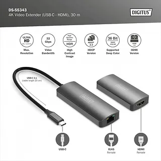 Digitus Przedłużacz/Extender USB-C - HDMI 30m po skrętce Cat.6 4K120Hz HDCP 2.3 (zestaw)