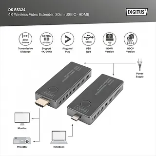 Digitus Przedłużacz/Extender USB-C - HDMI bezprzewodowy 30m UHD 4K30Hz audio (zestaw)