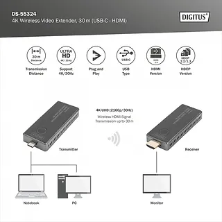 Digitus Przedłużacz/Extender USB-C - HDMI bezprzewodowy 30m UHD 4K30Hz audio (zestaw)