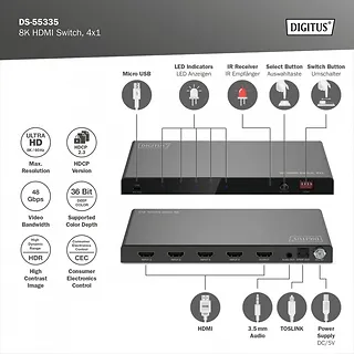 Digitus Przełącznik / Switch HDMI 4x1, 8K/60Hz (4:4:4) z HDR, 48 Gbps, HDCP 2.3, Toslink / Stereo, EDID