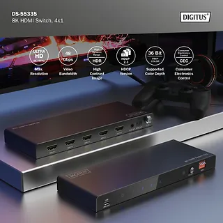 Digitus Przełącznik / Switch HDMI 4x1, 8K/60Hz (4:4:4) z HDR, 48 Gbps, HDCP 2.3, Toslink / Stereo, EDID