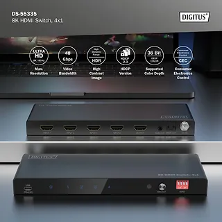 Digitus Przełącznik / Switch HDMI 4x1, 8K/60Hz (4:4:4) z HDR, 48 Gbps, HDCP 2.3, Toslink / Stereo, EDID