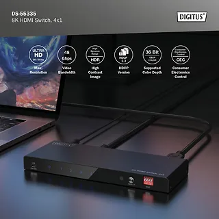 Digitus Przełącznik / Switch HDMI 4x1, 8K/60Hz (4:4:4) z HDR, 48 Gbps, HDCP 2.3, Toslink / Stereo, EDID