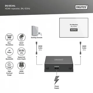 Digitus Wzmacniacz sygnału (Repeater) HDMI do 10m 8K/60Hz, do 13m 4K/60Hz HDCP 2.3