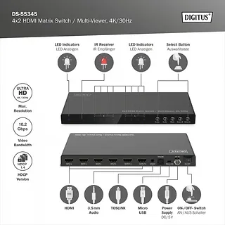 Digitus Przełącznik/Matrix HDMI 4/2-porty 4K/30Hz UHD HDCP 1.4 audio z pilotem