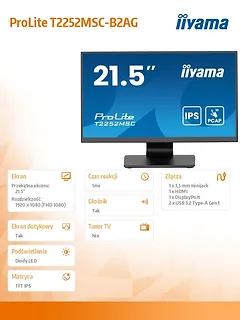 IIYAMA Monitor 22 cale T2252MSC-B2AG 10 PKT. POJ,IPS,HDMI,DP,2x1W,7H,2xUSB,  AG-(Anti Glare)