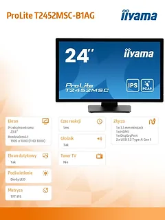 IIYAMA Monitor 24 cale T2452MSC-B1AG 10 PKT. POJ,IPS,HDMI,DP,2x1W,7H,2xUSB,  400cd/m2,AG-(Anti Glare)