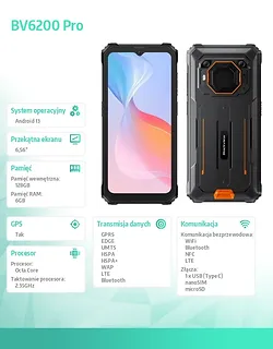 Blackview Smartfon BV6200 Pro 4G 6/128GB IP69K głośnik 98db Pomarańczowy