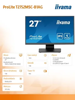 IIYAMA Monitor 27 cali T2752MSC-B1AG 10 PKT. POJ,IPS,HDMI,DP,2x1W,7H,2xUSB,  400cd/m2,AG-(Anti Glare)