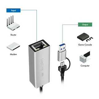 LogiLink Adapter USB-A/-C do 2,5G Ethernet, szary