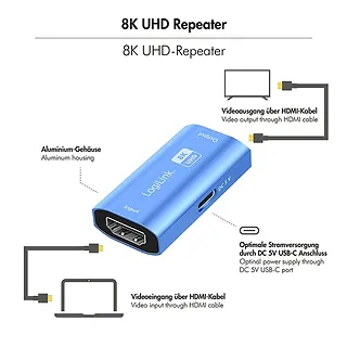 LogiLink Repeater HDMI, 8K/60HZ, HDCP2.3, Alu, niebieski