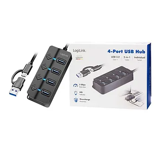 LogiLink HUB 4xUSB-A, Gen1, 4x ON/OFF, czarny