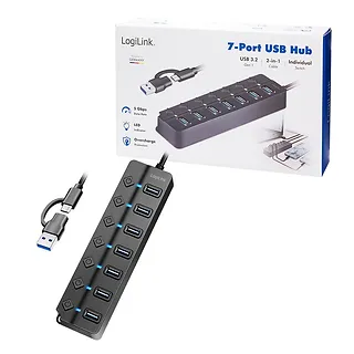 LogiLink HUB USB3.2 Gen1, 7x USB-A, 7xON/OFF, czarny