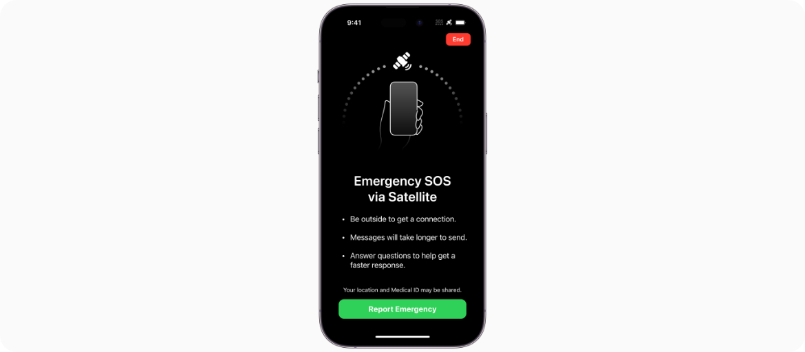 Połączenie awaryjne SOS przez satelitę w iPhone'ach serii 14 iOS 16 iPhone 14 emergency SOS via satellite komunikacja satelitarna